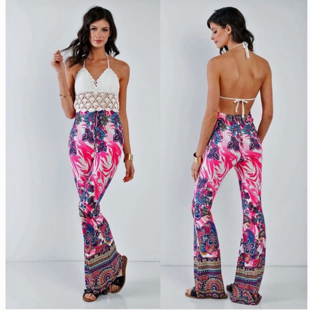 Boho Crochet Halter Wide Leg Floral Jumpsuit
